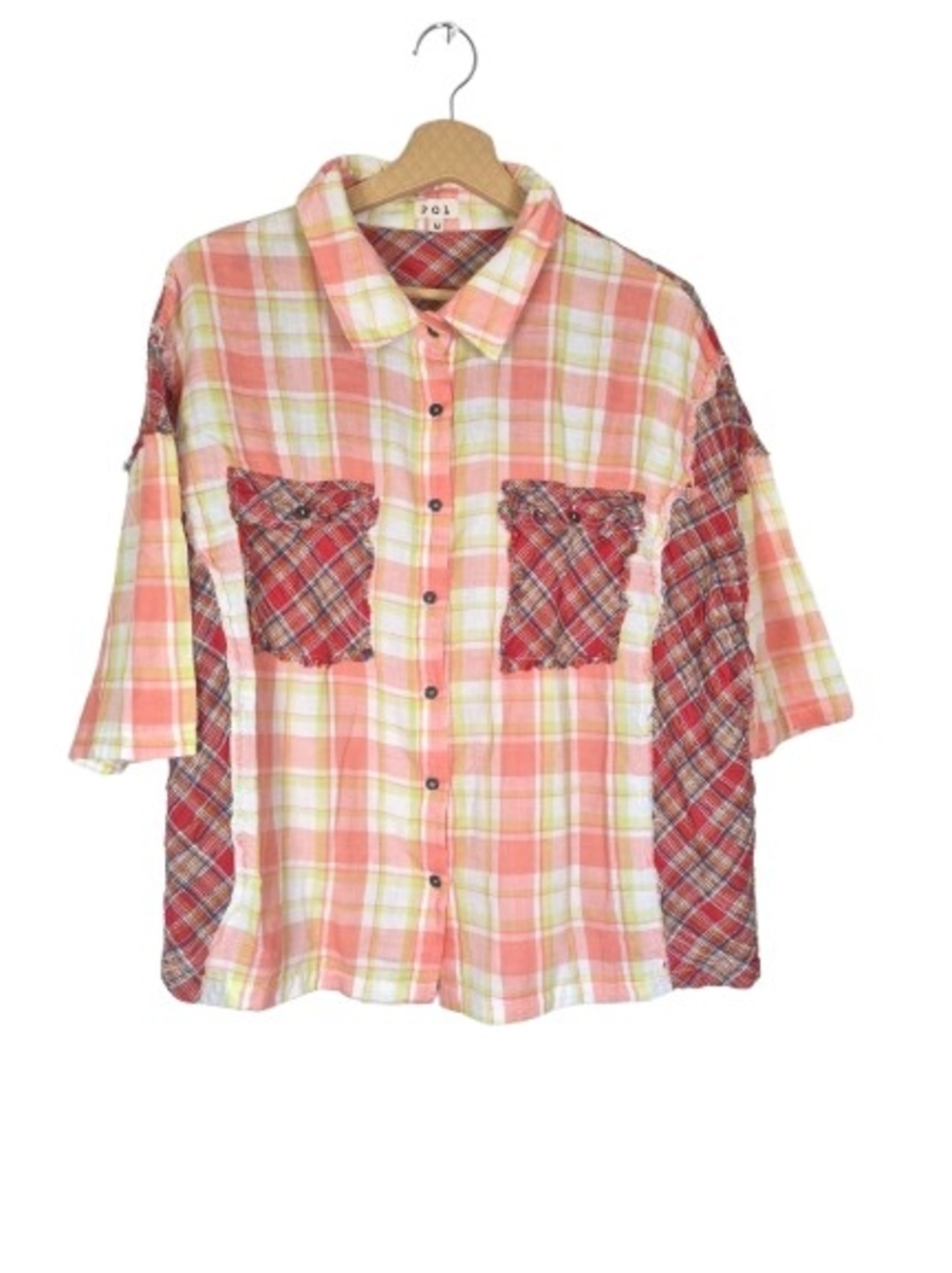 POL Peach Red Plaid Colorblock Button Up Flannel Shirt Medium M